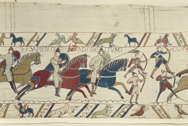 O duque Guilherme exorta suas tropas a prepararem-se com coragem e prudência para a batalha contra o exército inglês, Bayeux Tapestry